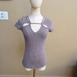 Free People Purple Striped Cut-Out Tee